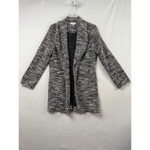 Max Studio Cardigan Women Medium Black White Duster Marled Fringe Open Front